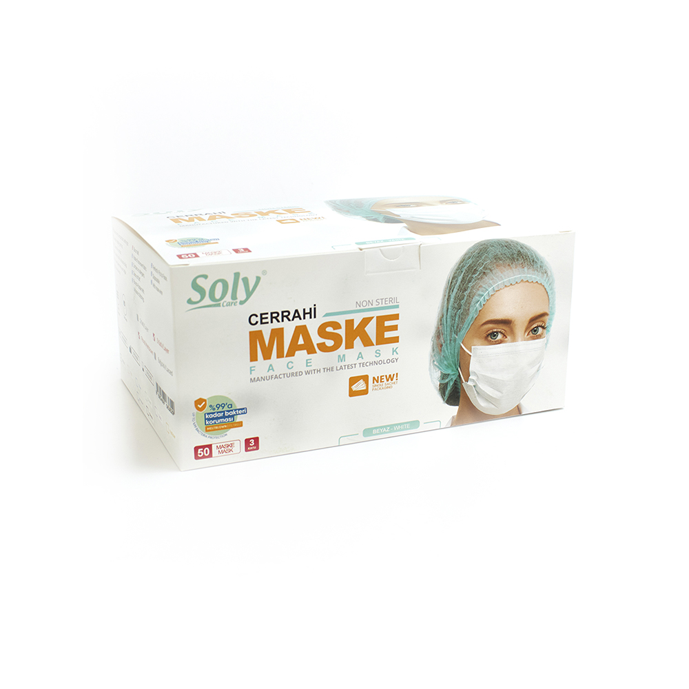 Tekli poşet3 Katlı Meltblown’lu Cerrahi Maske 50’li beyaz