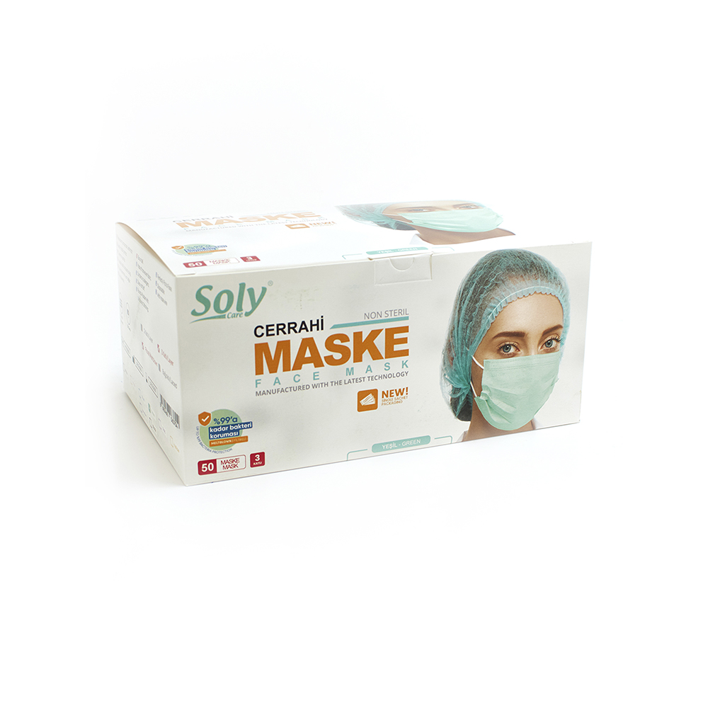 Tekli poşet3 Katlı Meltblown’lu Cerrahi Maske 50’li yeşil