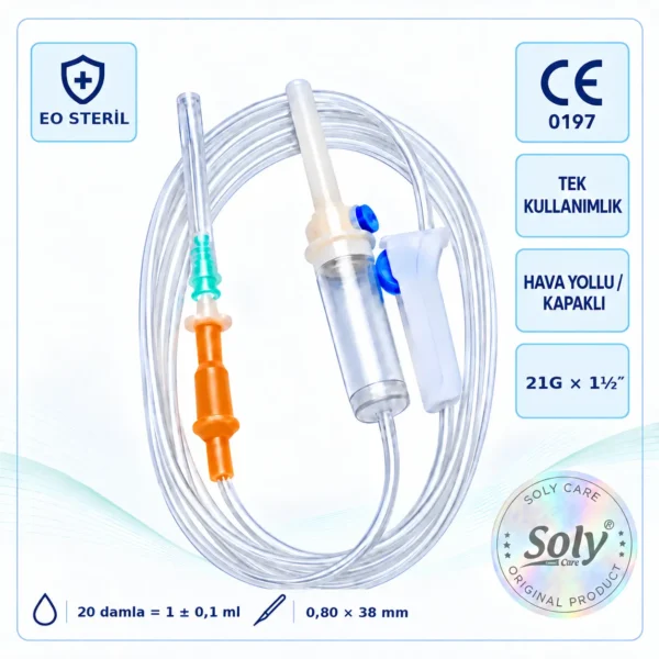 Soly Care steril serum seti, tek kullanımlık hava yollu infüzyon seti 21G iğneli