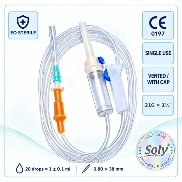 Soly Care sterile IV infusion set, single use vented infusion set with 21G needle